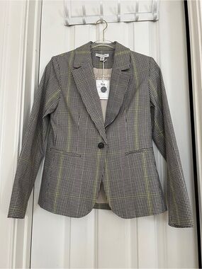 Checked Single-Button Blazer with Yellow Accent